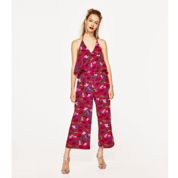 ZARA Collection jumpsuit tied around neck floral print bright colors Size S - Picture 15 of 16